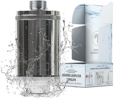 sanquell Legionellenfilter Dusche Badewanne Longlife | Zertifiziert | Komplettset | Filter austauschbar | Sofortschutz Wohnung, Hotel | formschön & diskret Chrom