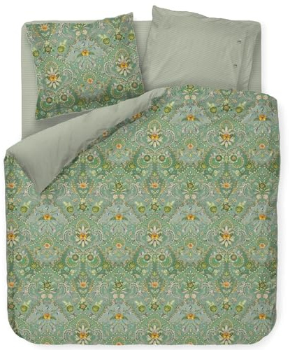 Pip Studio Bettwäsche Saluti Piccoli Green Perkal Blüten Ornamente Blumen Wendeoptik Geblümt Gestreift Floral