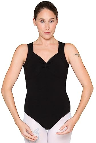tanzmuster Ballett Trikot Damen ärmellos - Melinda - Baumwolle - BH-Pad-Einschub - geraffter Ausschnitt - schwarz 40 - schwarzer Tanz Body - Ballettkleidung für Erwachsene