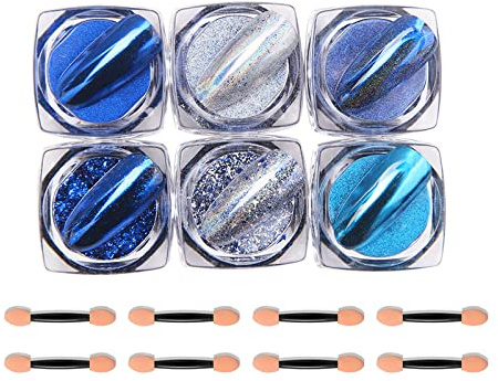 Chrom-Nagelpulver, 6 Boxen Aurora Magic Mirror Effect Nail Powder Staub Maniküre Pigmente, holografische Nagelglitzer-Pailletten für DIY Nail Art Design Dekoration (blau)