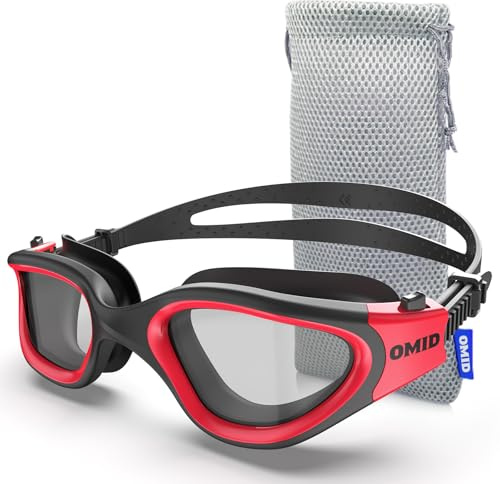 OMID Occhialini da nuoto, P2 Lite, comodi, anti-appannamento, per uomini, donne, adulti, giovani (OMID-EU-P2 Lite-BlackRed-Clear)