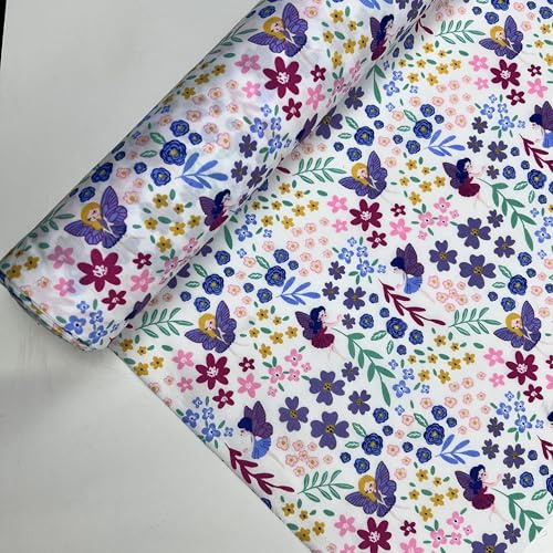 Pyrhan Butterfly Patterned Fabric by The Metre | 45 Inch Wide Cotton Blend for Quilting, Sewing, Crafts & Dressmaking | Butterfly Print Fabric in (Ivory-Blue)