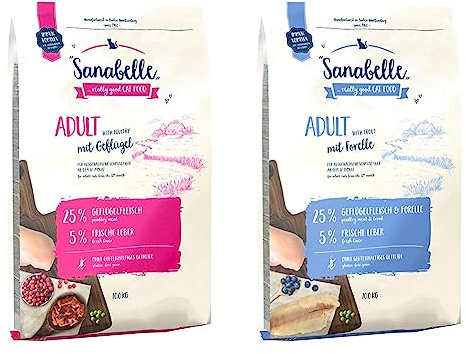 Sanabelle Adult mit Geflügel | Katzentrockenfutter für ausgewachsene Katzen | 1 x 10 kg & Adult mit Forelle | Katzentrockenfutter für ausgewachsene Katzen | 1 x 10 kg,
