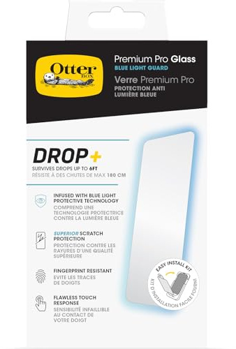 OtterBox Premium Pro Blue Light Glass Displayschutz für iPhone 15 Pro, gehärtetes Glas, überragender Kratzschutz, übersteht Stürze bis zu 1.8m