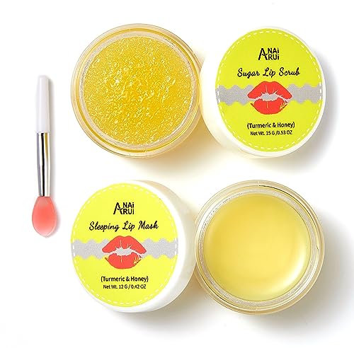 ANAiRUi Lip Care Kit - Honey & Turmeric Sugar Scrub & Balm Mask Set - Lip Sleeping Mask & Exfoliator Scrub - Overnight Lip Skin Treatment & Moisturizer for Dry Chapped Peel Lips
