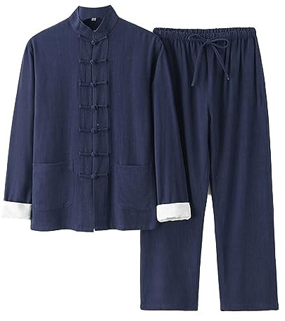 GVILTY Coton Lin Tai Chi Pantalon De Chemise Uniforme - Qi Gong Arts Martiaux Chinois Tradition De Tang Tradition Suit Tang À Manches Longues Traditionnelle Kung Fu Uniform blue-M