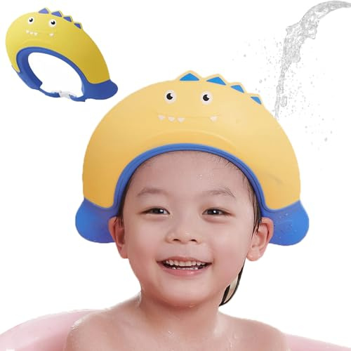 KAMHBE Bonnet de douche pour enfants, couronne réglable pour laver les cheveux, le shampooing et le visage pour les yeux, les oreilles et le visage (monstre jaune)