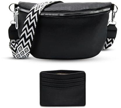DOZNOZRI Bauchtasche Damen Leder Schwarz Klein Crossbody Bag Damen Leder Stylisch Umhängetasche Bauchtasche Damen Klein mit 4 Fächern Kreditkartenhalter für den Alltag auf Reisen und Einkaufen