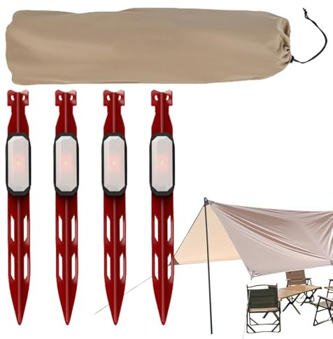 Campingheringe, Zeltheringe aus Metall, 4 Bodenheringe mit LED-Licht, V-förmige Bodenanker für Picknick, Camping, Outdoor, Vorzelt, Heringe