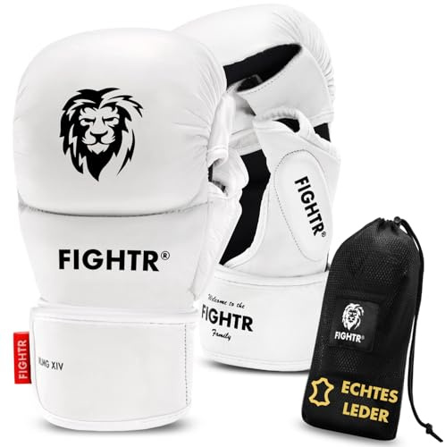 FIGHTR® MMA Pro Sparring Guantes de piel auténtica con el mejor ajuste para máxima estabilidad, acolchado extra grueso, para sparring, MMA, kickboxing y artes marciales, incluye bolsa de transporte,