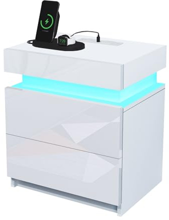 White Bedside Table UK Plug USB Ports 2 Drawers Flip Top LED Lights