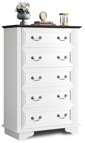 WLIVE Farmhouse Dresser for Bedroom, Wood Dresser with 5 Drawer, Chest of Drawers with Roman Metal Handle for Living Room, White
