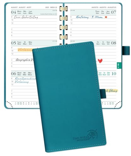 POPRUN Agenda De poche 2025 2026 Semainier 16,5 x 9 cm D'Août 2025 à Déc 2026 - Petit Planner Scolaire 17 Mois avec Couverture Souple Spirale, Fente Pour Carte, Papier 80g/m², Pacifique Vert