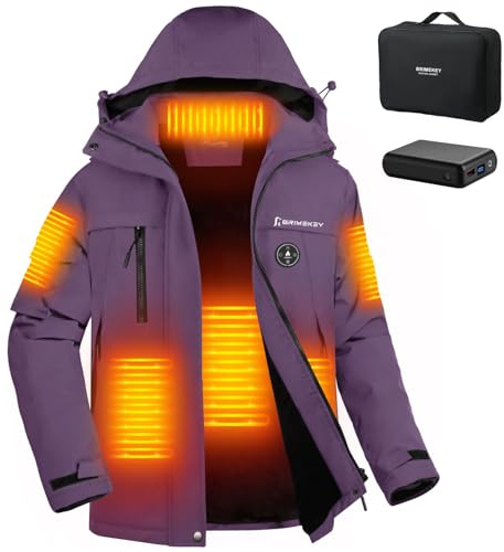 Brimekey Chaqueta Calefactable con Capucha Mujer, Chaquetas de Esquí Termica de Forro Polar Impermeable & Cortaviento con 12000mAh Bateria, 6 Zonas de Calor, Abrigode Calefaccion para Invierno