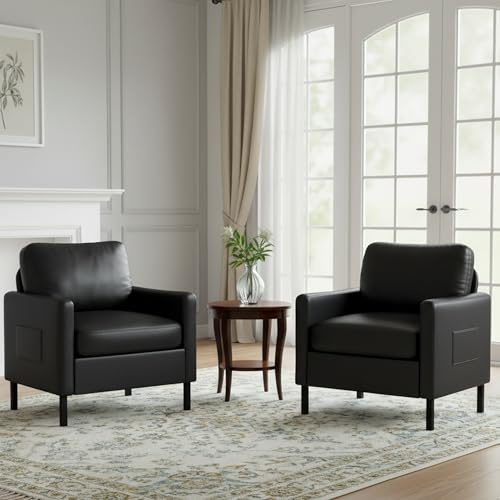 AODAILIHB Black Leather Accent Chair Set of 2, Modern Accent Chairs with Arms, Small Side Chair 2 Pocket/Thick Cushion Single Sofa Comfy Couch for Living Room/Waiting Room/Office (2, Black)
