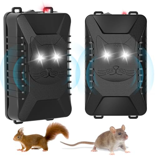 Lot de 2 répulsifs pour moteurs de voiture – Répulsif ultrasonique 3 en 1 pour souris sous le capot, répulsif à rats de voiture avec lumière stroboscopique, fonctionne à piles pour garder les rats,