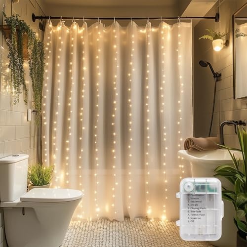 Patioman Waterproof LED Shower Curtain Lights - 72 Inch Fairy Lights for Bathroom, 8 Modes Warm White Spa Mood Lighting for Dark Bathrooms and Outdoor Décor (No Curtain)