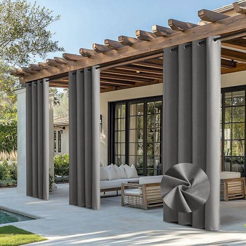 NICETOWN Blackout Outdoor Curtains for Patio Waterproof, 2 Panels 100% Light Blocking Linen Curtains Weatherproof, Indoor/Outside Privacy Sun Shades for Gazebo, Porch, Balcony, W52 x L84 inch, Grey