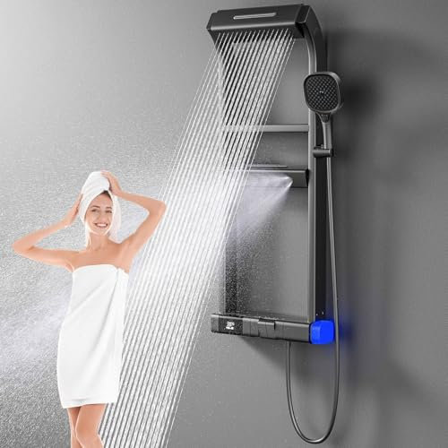 Cplsntaeam Thermostatic Shower System, 6 Functions Piano Key Design Shower Set with Handheld Shower Head, LED Digital Display, Wall Mount Shower Panels for Home, Hotel, Spa