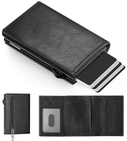 Manmaxim Portafoglio Uomo Slim Porta Carte di Credito Uomo Pop-up per 11-13 Cartes, Portacarte Uomoo Slim con Rfid Blocco, Porta Carte con Cerniera Portamonete, (Nero lucido, S Portamonete)
