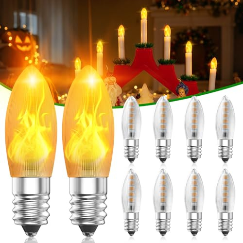 BrightArk 10 Stück E10 15-55V Led 0.2W Ersatzbirnen Glühbirne Warmweiß 1800K, Flammeneffekt Licht Flackernde Effekt Flackerlicht für Halloween, Brennstellen, Lichterketten, Schwibbogen, Weihnachtsbaum