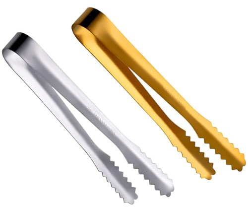 2 Pcs Ice Tongs, Gold ICES Tong, Stainless Steel Mini Tong, U Shaped Serving Small Ice Tongs, for Sweet, Sugar, Biscuit, Bread, Buffet, Grill, Kitchen, Cafe, Bar(Gold, Silver, 14.5cm)