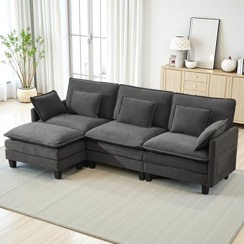 Modulares Sofa mit Schlaffunktion,Chenille Ecksofa Klein mit Dicken Polstern,Sofa L Form Set mit Couch Kissen,Bequemer Sessel Wohnzimmer Couch mit Hocker,Chaiselongue (Dunkelgrau, 287 cm L-Form)