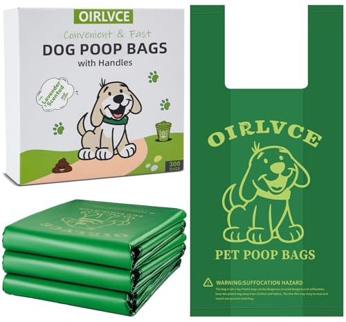 OIRLVCE 300 Dog Poo Bags with Handles, Easy-Tie Pet Poop Bags | Extra Thick, Leak-Proof, Dog Waste Bags