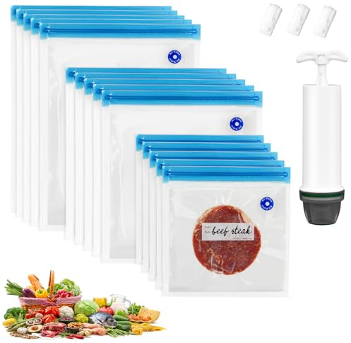 JRHSLCXLT Reusable Vacuum Seal Bags Set of 15 with Hand Pump – Food Vacuum Sealer Bags for Sous Vide, Food Storage & Vac Pack Bags in 3 Sizes for Vacuum Sealer Machine