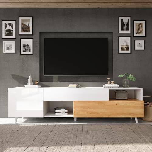 FAYICIC 180 x 38 x 50 cm, armario bajo con puerta inferior y 1 cajón, armario de TV con 7 estantes, tablero de TV brillante, adecuado para televisores de 75 pulgadas