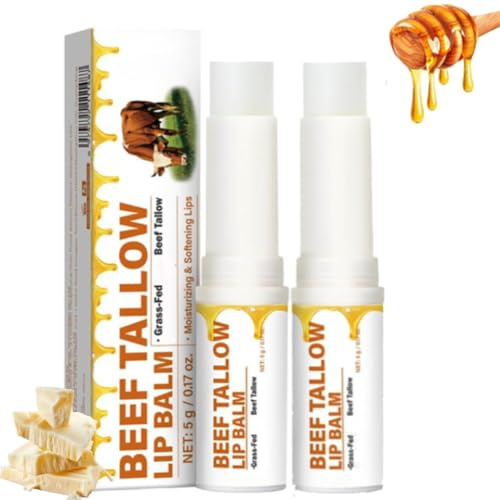 Tallow Lip Balm, Beef Tallow and Honey Lip Balm, Gras-Fed Beef Tallow Honig Lippenbalsam, Natüirliche Lippenpflege mit Honig & Rinderfett, Pflegender Honey Balm Lippenpflegestift für Damen (2)
