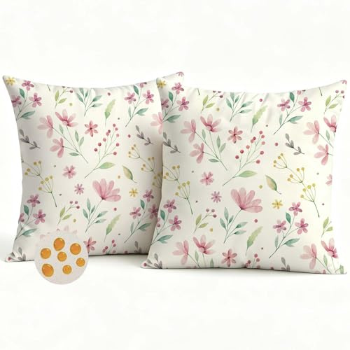 Avalune Kissenbezug Outdoor Wasserfest Kissen Bezug 40x40 Frühling Rosa Blumen Aquarell Kissenhüllen Bunte Sommer Sofakissen Dekokissen Kissenbezüge für Garten Lounge Terrassen Balkon 2er Set