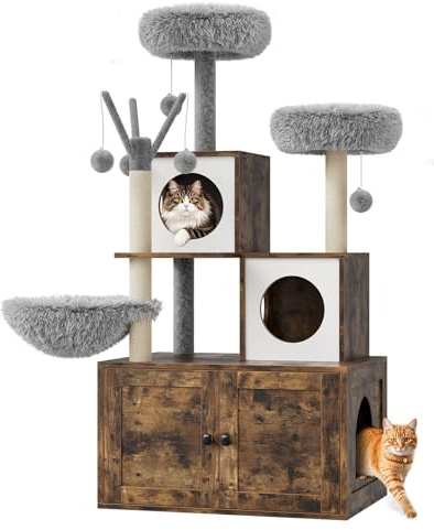 Mueble Arenero para Gatos con Rascador y Cueva – Mueble De Madera Oculto con Rascador De Sisal, Zona De Descanso Suave y Juegos Multinivel para Gatos