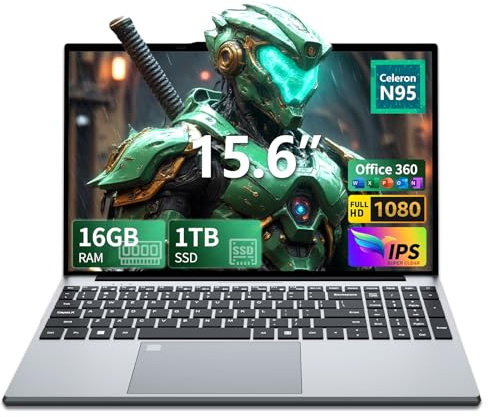 Ordenador Portátil 15,6 Pulgadas FHD, 16GB RAM 1TB SSD, Alder Lake N95 Hasta 3.4GHz, Win 11 Pro PC Portátil Office 365, Teclado Retroiluminado con Pad Numérico, Lector Huellas, USB 3.0/HDMI, WiFi 5