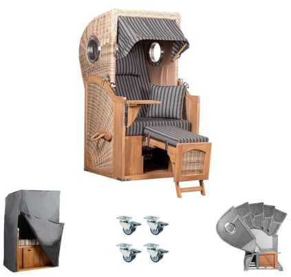 MR. DEKO Strandkorb 1-Sitzer Komplettset Düne Single Bullauge Teak PE Shell | Volllieger-Strandkorb wetterfest | inkl. Lifter System Rollen & Schutzhaube | Gartenmöbel Teakholz | Dessin 500