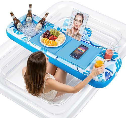 Ayeboovi Floating Tray for Tanning Pool Float - 61 L x 18 W Non-Slip Inflatable Sunbathing Bed Tray with Cooler Ice Bar for Tanning Lounge Raft & Blow up Suntan Tub Water Floatie, Party Gifts