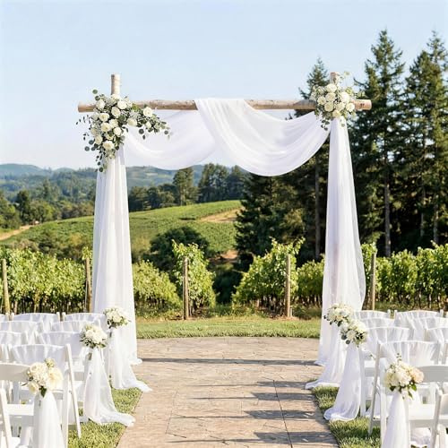 Arche de Mariage Drapé Blanc 2 Pièces 70x560 cm Rideaux Tissu Drapé en Mousseline Transparente pour Mariée Photographie Fête Cérémonie Décoration