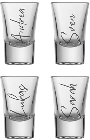 Schnapsglas mit Namen graviert – Lasergravur personalisiert – 4 Schriftarten – Geschenk Geburtstag JGA Hochzeit – Schnapsglas mit Gravur – Handmade in Germany (4er Set)