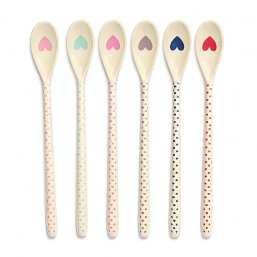 RICE Melamin Latte-Löffel 6er Set mit Herz Print, lange Dessertlöffel 22 cm, bunte Löffel für Latte, Eis, Desserts, Joghurt & Snacks, BPA-frei, spülmaschinengeeignet