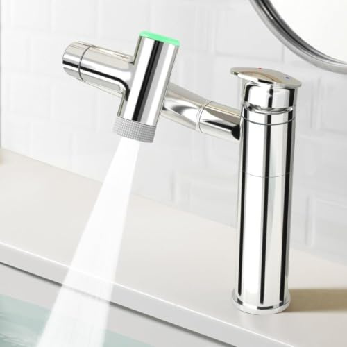 Rubinetto rotante per lavabo con sensore di calore a led e miscelatore a leva singola con beccuccio girevole 1080 per lavabo da bagno in ottone cromato