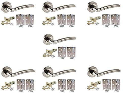 Golden Grace Indiana Door Handl, Satin Nickel/Polished Chrome Dual Finish | Includes seven pairs of 2.5-inch tubular latches and 3-inch zinc-plated butt hinges for complete internal installation.