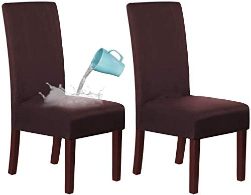 LINGKY Wildleder Esszimmer Stuhlhussen Esszimmerstuhl Schonbezug Samt Stuhlhussen Für Esszimmer, Wasserabweisend Soft Stretch Abnehmbare Stuhllehne Mit Hoher Rückenlehne (Braun,Set of 2)