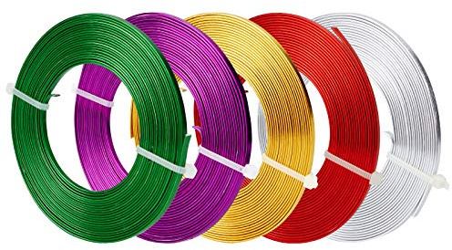 BENECREAT 25m 5 Rollen Mischfarbe 3mm breit Silber flacher Schmuck Basteldraht 18 Gauge/1mm Gold Aluminiumdraht für Lünette Skulptur Schmuckherstellung