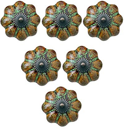 MOU Knäufe im europäischen Stil, Keramik, glasiert, Kürbisknäufe, klassisch, Vintage-Stil, für Schrank, Schublade, Grün, 6 Stück