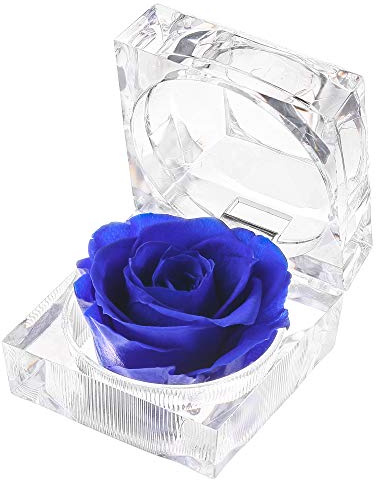 Enchanted Real Preserved Forever Roses in Clear Acrylic Ring Box, Fresh-Cut Eternity Flower That Lasts Years, Valentine’s Day, Mother’s Day, for Her, Blue