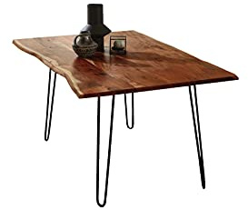 SAM Esszimmertisch 80x80cm Hannah, echte Baumkante, Akazienholz nussbaumfarben, massiver Baumkantentisch mit Hairpin-Gestell Mattschwarz