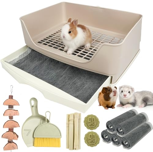 RUBYHOME Bac à litière surdimensionné pour lapin avec tiroir, avec grille d'apprentissage de la propreté, pour animaux de compagnie adultes, cochons d'Inde, chinchilla, petits animaux, 42,9 cm de long