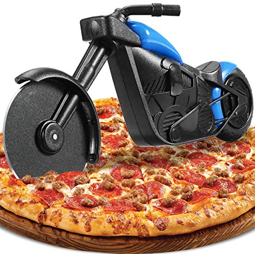 Motorrad Pizzaschneider, Lustige Pizza Schneider Edelstahl Kunststoff Pizzaroller Pizzarad Pizzamesser, Pizza Cutter mit Scharfem Schneiderad & Ständer für Weihnachten Geburtstag Geschenke (Blau)