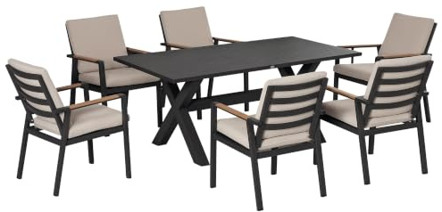 Outsunny Sitzgruppe 7Tlg. mit Auflagen 1 Tisch+6 Stühle Schwarz+Grau | Balkonset, Essgruppe, Balkonmöbel, Gartenmöbel Set, Sitzgarnitur, Wetterfest, Aluminiumrahmen
