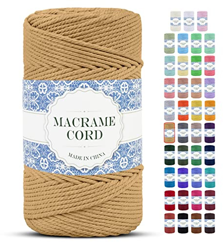 Uiopa Cuerda Macrame 4mm x 200m Hilo Macrame Grueso Cuerda de Algodon Natural Suave de 4 Hilos, Cordel Algodón para DIY Manualidades Tapices de Pared Cortina Colgador de Plantas (Café)